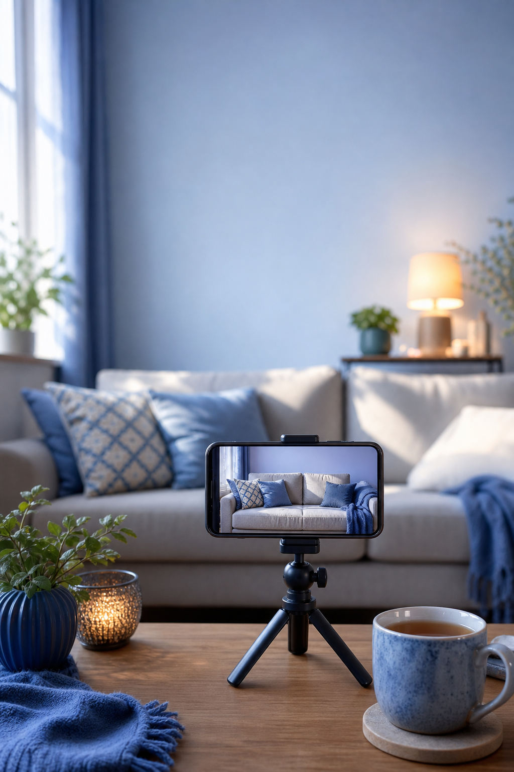 Warm home setting suggesting a couple filming together on the sofa